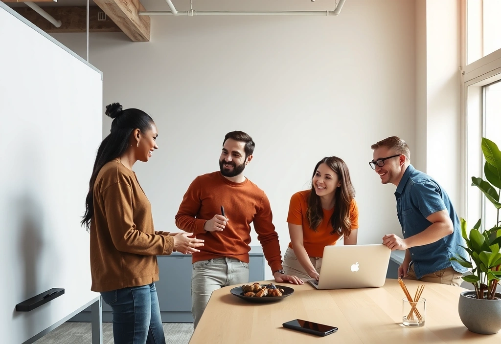 Echipa growthlayer lucrează împreună într-un birou modern și luminos, discutând idei și colaborând la proiecte.