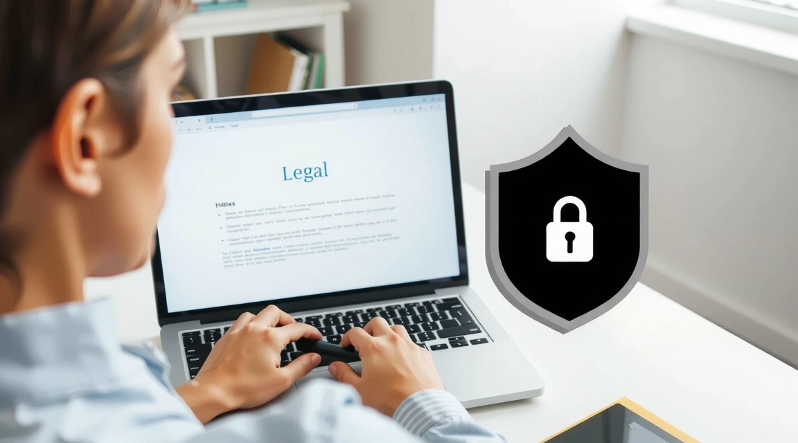 O persoană care examinează documente legale pe un ecran de laptop, cu o iconiță de confidențialitate afișată, simbolizând revizuirea drepturilor utilizatorilor.