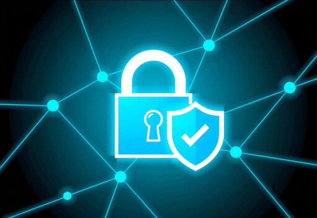 Ilustrație cu lacăt de securitate digitală și scut de protecție, simbolizând confidențialitatea datelor