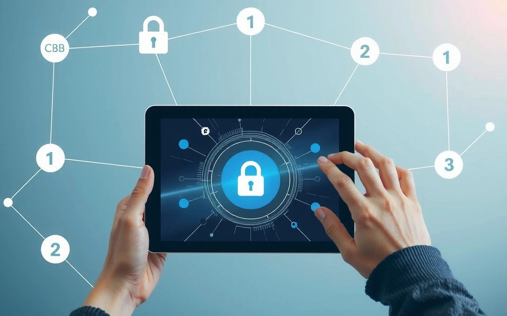 Ilustrație cu o persoană care navighează pe o tabletă cu o pictogramă de confidențialitate, înconjurată de elemente de date abstracte