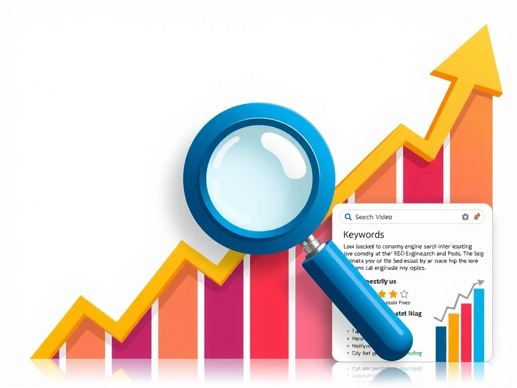 Ilustrație grafică despre optimizarea SEO, cu elemente precum lupă, grafice de creștere și simboluri de căutare