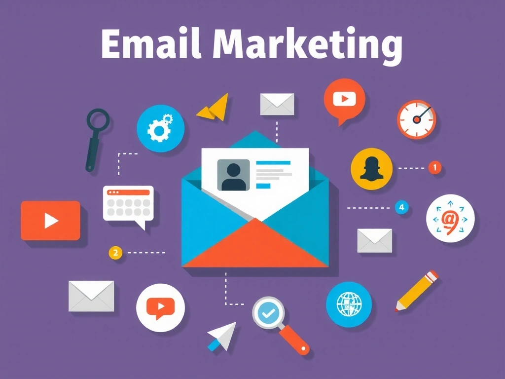 Ilustrație grafică despre email marketing, cu pictograme de plic, mesaje și liste de abonați