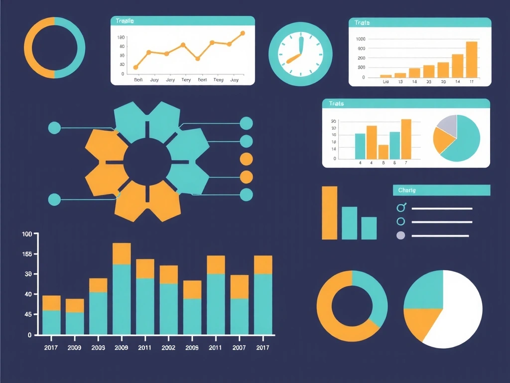 Ilustrație grafică despre analiză și raportare, cu grafice, diagrame și un tablou de bord digital