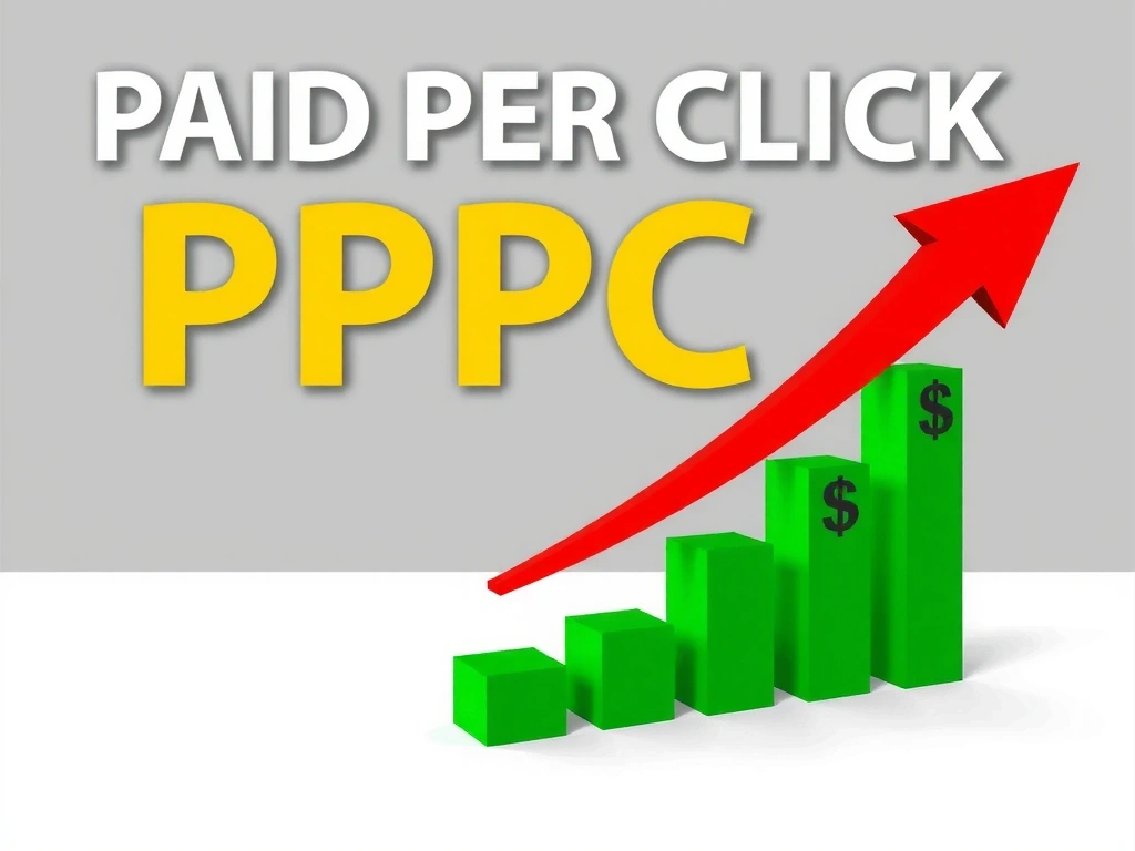 Ilustrație grafică despre publicitate plătită PPC, cu simboluri de bani, ținte și grafice de creștere