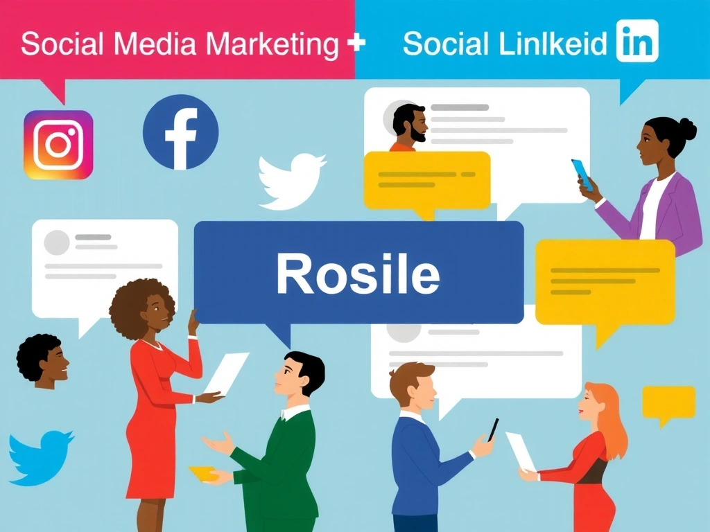 Ilustrație grafică despre marketing pe rețele sociale, cu pictograme de la Facebook, Instagram, LinkedIn și oameni care interacționează