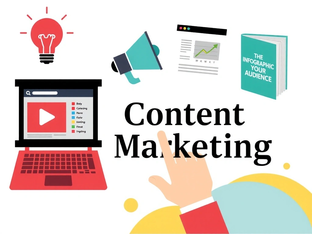 Ilustrație grafică despre marketing de conținut, cu elemente de blog, video, infografice și cărți electronice