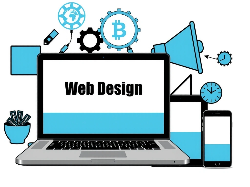 Ilustrație grafică despre web design și dezvoltare, cu un laptop, tabletă și telefon afișând un site web modern