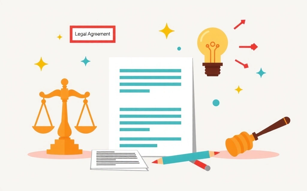 Ilustrație abstractă a unui acord legal, cu simboluri de justiție și documente