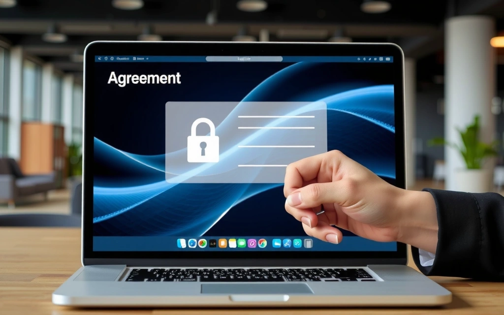 O mână pe un laptop, semnând un acord digital, cu elemente grafice de securitate